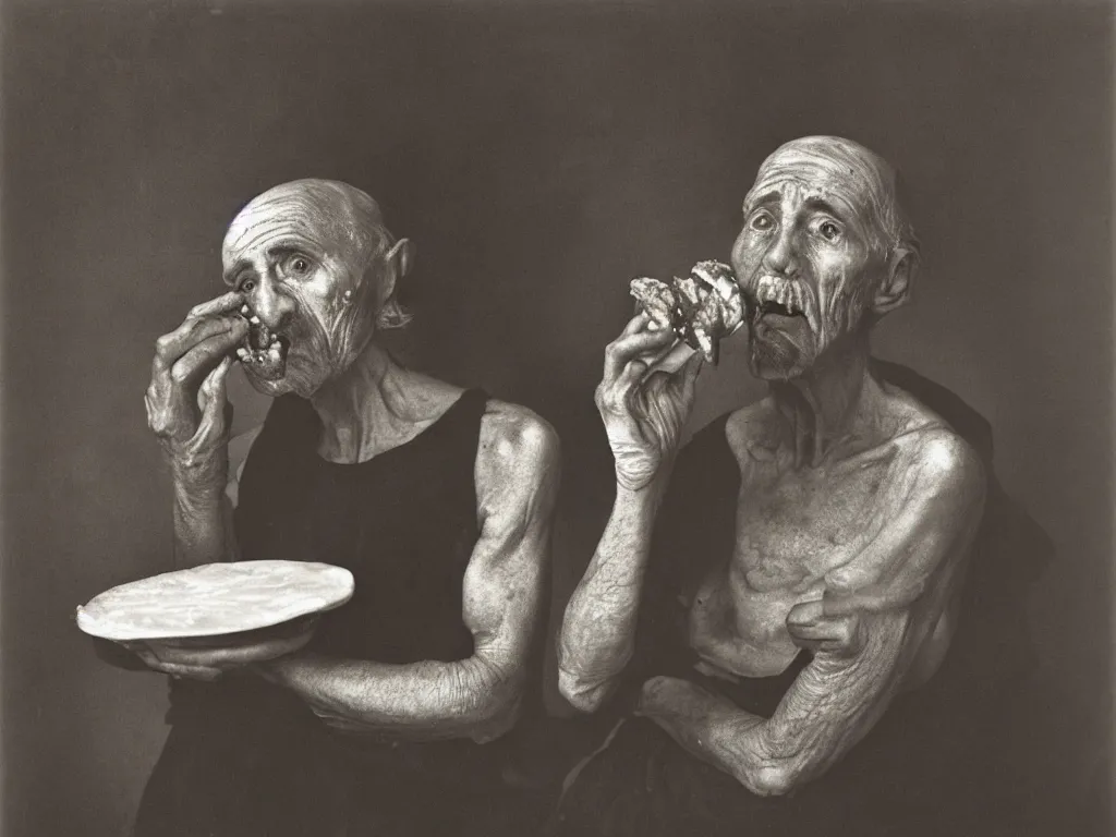 Prompt: Jaded factory worker eating bread. Golden harsh light. Portrait by Caravaggio, Roger Ballen