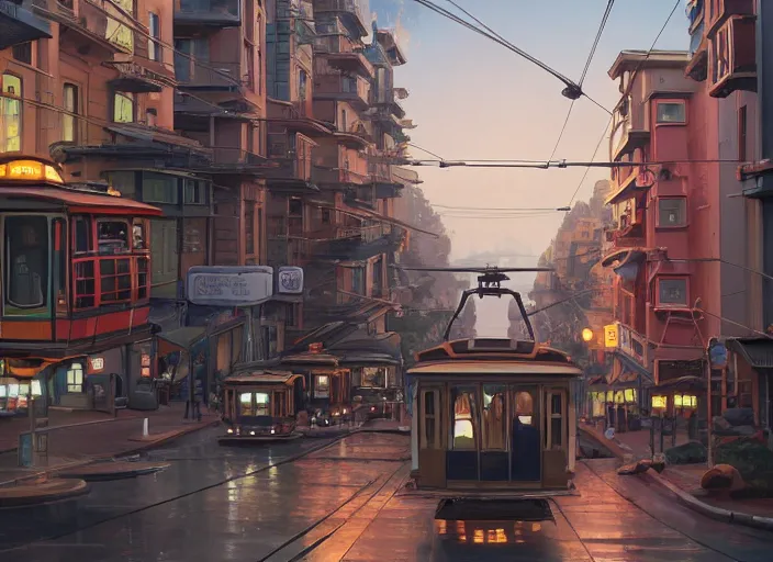 Prompt: a cable car is flying on the street of san francisco, unreal engine, fantasy art by greg, loish, rhads, ferdinand knab, tom bagshaw, makoto shinkai and lois van baarle, rossdraws, ilya kuvshinov, night lighting, trending on studio ghibli, highly detailed, 8 k, octane render