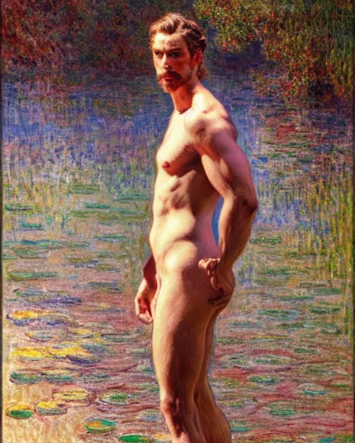 Image similar to handsome philospher wading through a river, reflective water,!!! pants!!! painting by tom of finland, gaston bussiere, craig mullins, j. c. leyendecker, claude monet