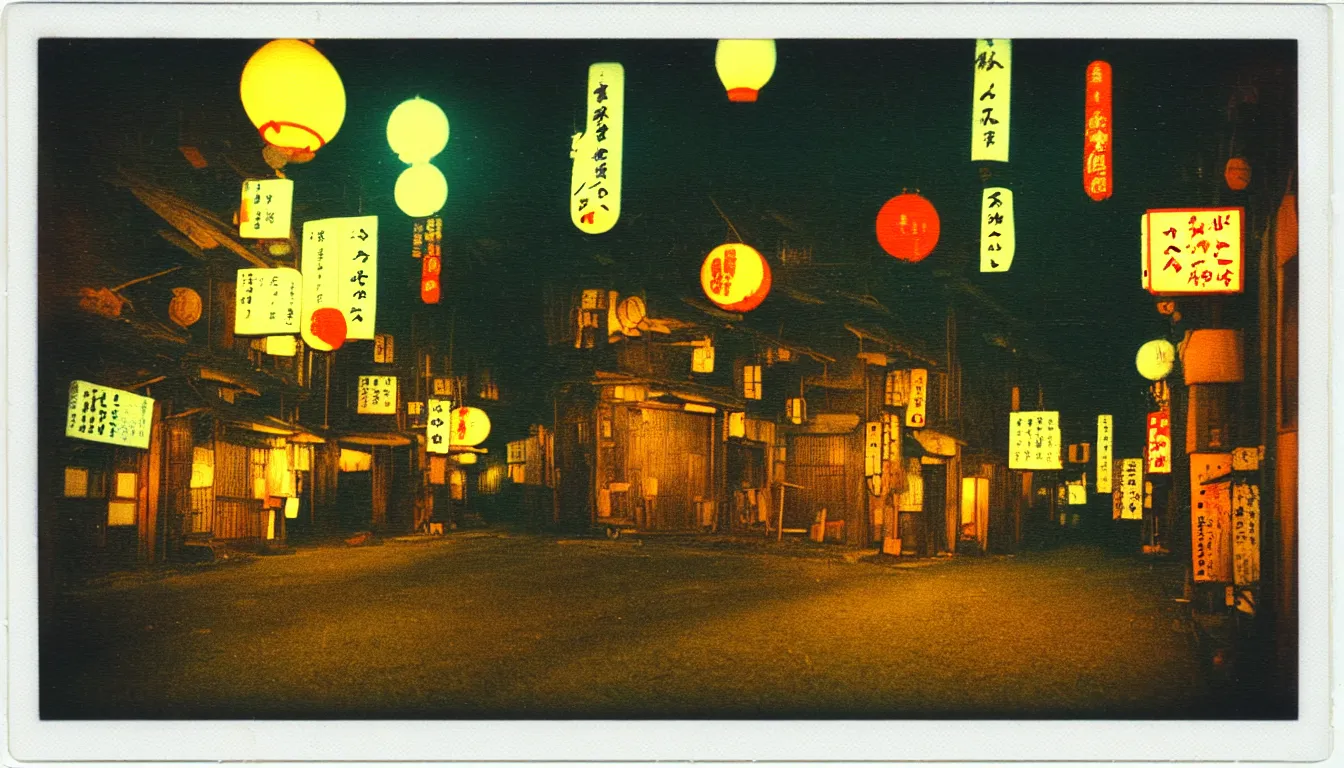 Prompt: colorful instant photograph of old japanese street at night, polaroid, light leak, raw, nostalgic