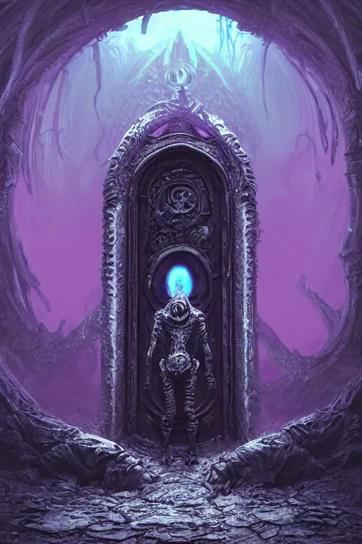 Image similar to extremely 3 d render detailed intricate ornate metallic bone carved concept art of hooded necromancer in front of a lovecraft portal by marc simonetti, rising from the void, dark neon retro wave, purple fog, volumetric mist, golden and mysterious, realistic atmospheric, ominous, cinematic, epic, ultra detailed, ultra realistic, unreal engine, octane render, vivid colors