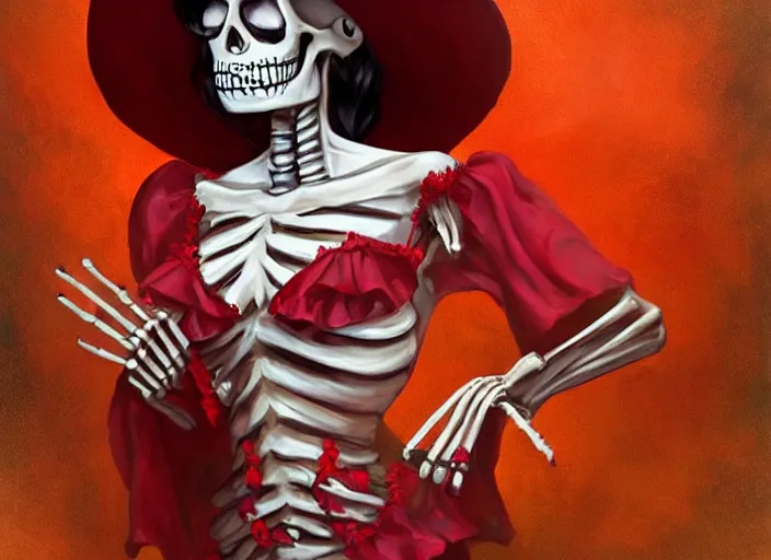 Image similar to cute & beautiful smiling mexican undead skeleton girl wearing a sombrero and a wide red dress, elegant, digital art, fantasy, pixar style, painting, pin up, highly detailed, artstation, art by artgerm, vrubel and boris vallejo