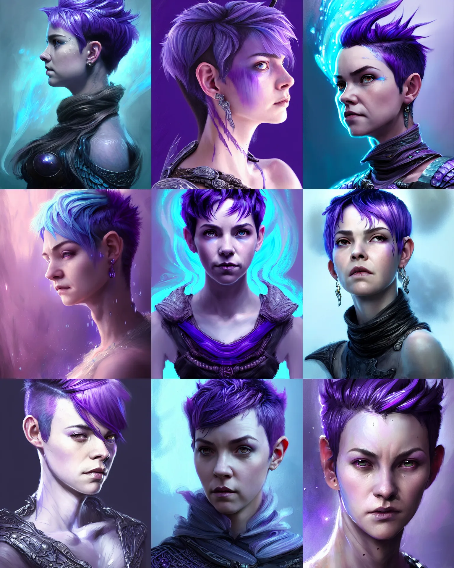 Prompt: Portrait of rugged adult female, D&D fantasy magic, pixie undercut hairstyle, black to purple fade hairstyle, ice water magic, blue light, intricate, highly detailed, digital painting, artstation, concept art, sharp focus, from Valerian and the City of a Thousand Planets, in the style of Ruan Jia and Mandy Jurgens and Artgerm and Greg Rutkowski and William-Adolphe Bouguerea