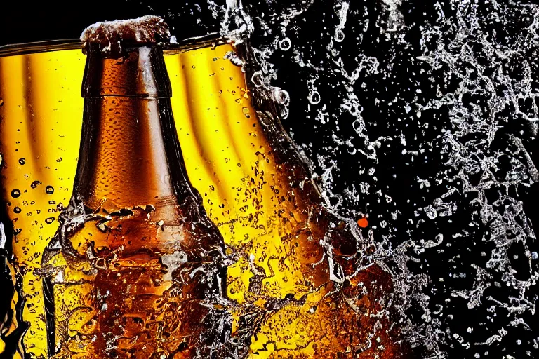 Image similar to a high detail photo of a bottle of beer, splashes of liquid, energetic, delicate by marcel christ