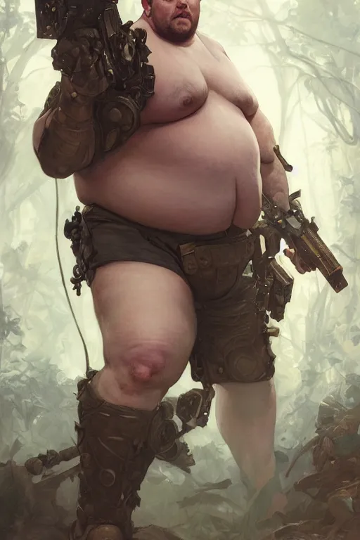 Image similar to portrait of chris redfield as a pathetically weak chubby man, forest, full body, obese, fantasy, intricate, elegant, highly detailed, digital painting, artstation, concept art, sharp focus, illustration, art by artgerm and greg rutkowski and alphonse mucha