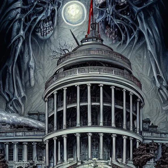 Image similar to the white house, apocalyptic, gerald brom, hyper detailed, 8 k, fantasy, dark, grim