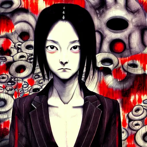 Image similar to yoshitaka amano blurred and dreamy realistic three quarter angle horror portrait of a sinister young woman with short hair, horns and red eyes wearing office suit with tie, junji ito abstract patterns in the background, satoshi kon anime, noisy film grain effect, highly detailed, renaissance oil painting, weird portrait angle, blurred lost edges