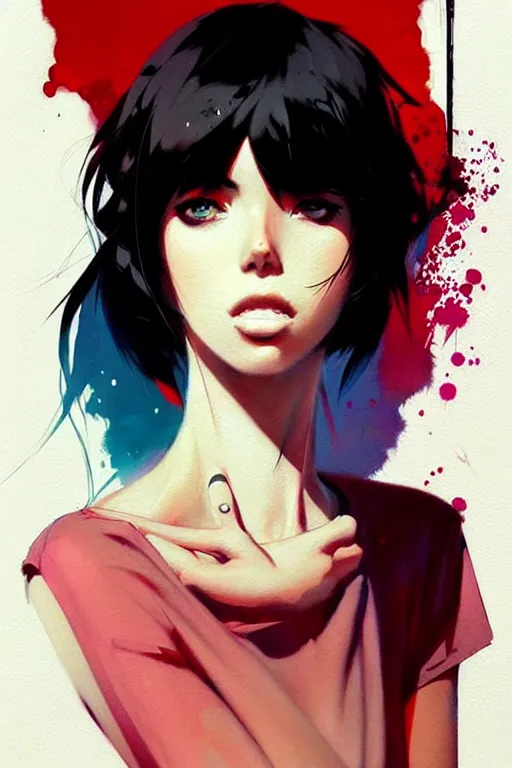 Image similar to a ultradetailed beautiful painting of a stylish woman with a white tank top, she has short black hair with bangs, by conrad roset, greg rutkowski and makoto shinkai trending on artstation