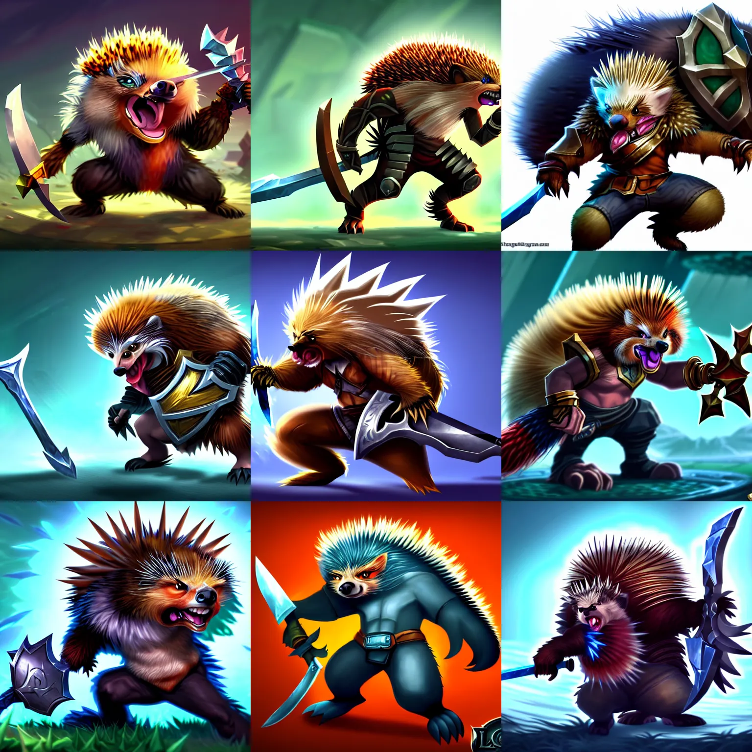 Prompt: a fierce and violent mutated porcupine furry with a sword and shield. league of legends splash art