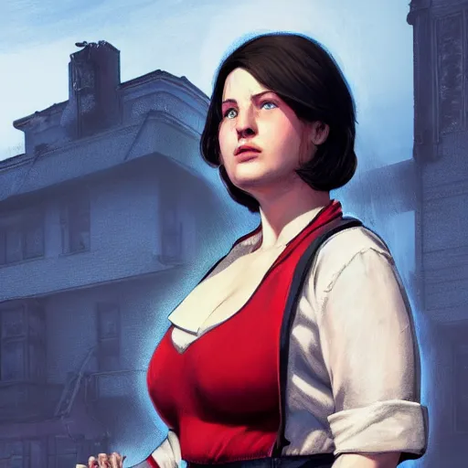 Image similar to portrait of a brunette chubby woman with blue eyes in fallout 4, light stubble with red shirt inside victorian mansion praying to god ,digital art,photorealistoc,art by greg rutkowski,hyperdetailed,western comic style,comic,comic style,sharp lineart,professional lighting,deviantart,artstation,trevor henderson,rossdtaws,cinematic,dramatic