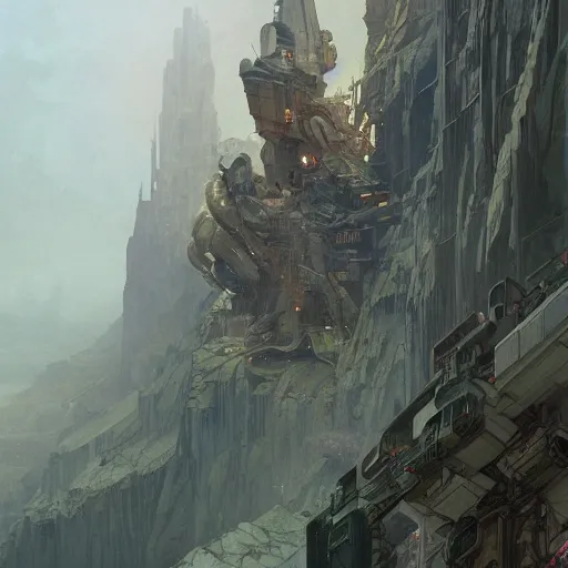 Image similar to A satisfactory factory built into a cliff, sci-fi art by greg rutkowski and alphonse mucha, highly detailed, digital painting, matte painting, concept art, illustration, oppressive lighting, trending on artstation, very detailed