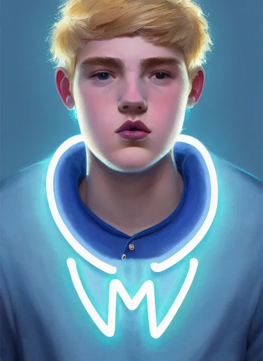 Image similar to portrait of high school senior boy named big moose, blonde short hair, jock, beefy, wide face, square jaw, square facial structure, blue varsity jacket with letter r, intricate, elegant, glowing lights, highly detailed, digital painting, artstation, concept art, sharp focus, illustration, art by wlop, mars ravelo and greg rutkowski