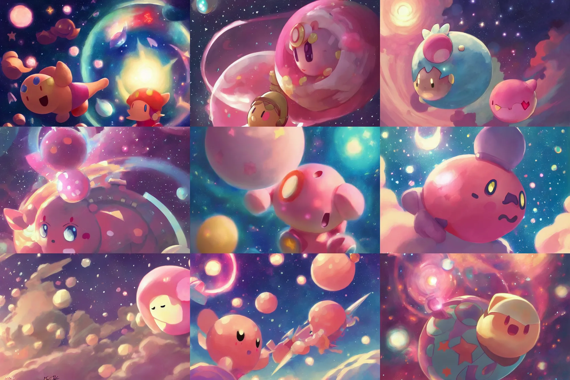 Prompt: official artwork of kirby floating in space by Krenz Cushart, detailed art, many stars in sky, Kirby round pink iconic character, wallpaper, circle shaped character, kirby, kirby, kirby