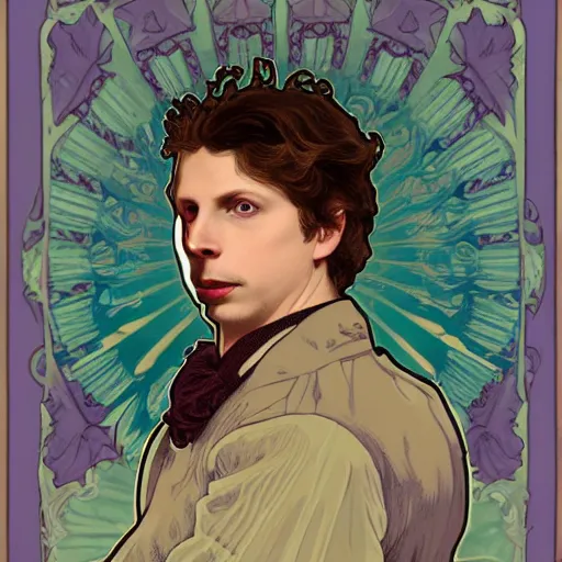 Image similar to a detailed portrait of michael cera as an old west villain, long twirling moustache, by alphonse mucha and arthur mucha, god rays, intricate detail, cinematic, 8 k, featured on artstation, pixiv