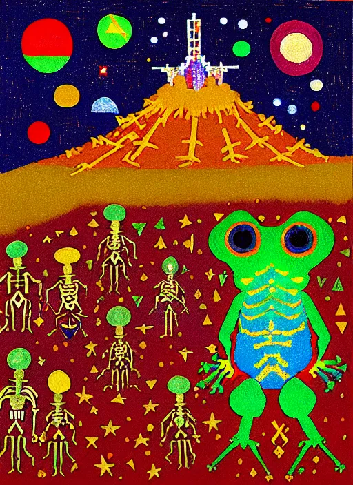 Image similar to pixel decollage painting tarot lovers card composition tower of babel road red armor maggot bear and wonky alien frog skeleton knight on a horse in a dark red cloudy night sky with golden foil jewish stars and diamonds, mountain lake and blossoming field in background, painted by Mark Rothko, Helen Frankenthaler, Danny Fox and Hilma af Klint, pixelated, neo expressionism, semi naive, pastel colors, cinematic, color field painting, cave painting, voxel, pop art look, outsider art, minimalistic. Bill Traylor painting, part by Philip Guston, Amano and Francis Bacon. art by Adrian Ghenie and Storm Thorgerson, very coherent symmetrical artwork, cinematic, hyper realism, high detail, octane render, unreal engine, Smooth gradients, depth of field, full body character drawing, extremely detailed, 8k, extreme detail, intricate detail, masterpiece