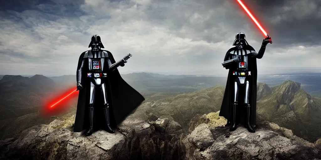 Prompt: Darth Vader playing electric guitar on top of mountain, epic landscape, guitar guitar guitar guitar guitar