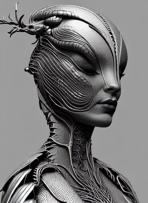 Image similar to bw close - up profile face, black background, beautiful young porcelain vegetal - dragon - cyborg - female, 1 5 0 mm, beautiful natural soft rim light, silver gold details, magnolia leaves and stems, roots, fine lace, mandelbot fractal, elegant, ultra detailed, white metallic armour, octane render, h. r. giger style