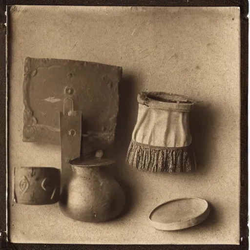 Image similar to Tintype photograph of primitive objects displayed in an ethnographic museum, archive material, anthropology,in the style of Marcel Duchamp, 1920s studio lighting.