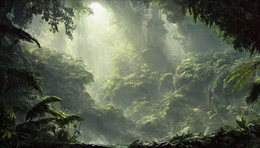 Image similar to a beautiful painting of a crashed battlestar galactica a lush jungle, ray traced lighting by kalin popov and greg rutkowski