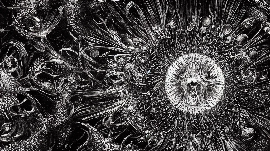 Prompt: beautiful macro picture of a coronavirus inside a television screen, dark, sinister, detailed, high contrast, art by Ernst Haeckel and Greg Rutkowski