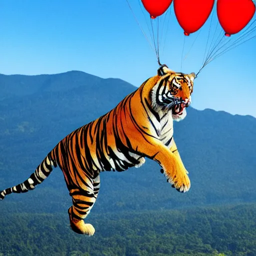 Image similar to a tiger jumping off a cliff with large open ballon parachute