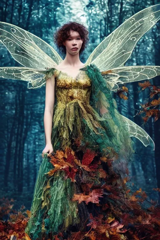Prompt: masterwork full body photograph of astrid berges frisbey as a fairy. highly detailed sharp focus face. wearing a dress made out of stars. red curly hair. resting on a background of autumn leaves. fluid, dreamy, ethereal, vivid colours. wow! cinematic lighting. trending on artstation. cgsociety. by moebius. megapixels.