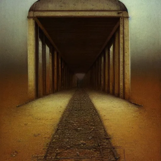 Prompt: Train. Vacant. Desolation. Unsettling. Zdzisaw Beksinski