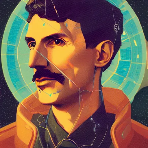 Image similar to visionary inventor nikola tesla profile picture by sachin teng and artgerm, art style by midjourney, masterpiece, organic painting, matte painting, technical geometrical drawing shapes, lightning electricity coil, hard edges, graffiti, street art by sachin teng