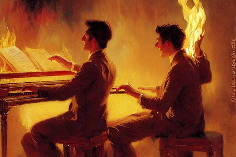 Image similar to attractive male playing piano in fire, painting by gaston bussiere, craig mullins, j. c. leyendecker