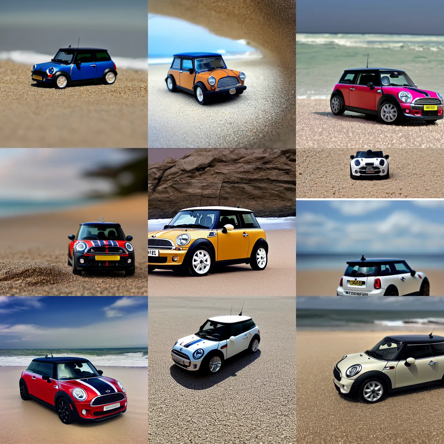 Prompt: a photo of a miniature Mini Cooper car on a beach, natural soft lighting, outdoors, medium shot sandy