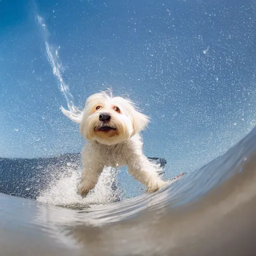 Image similar to a cream-colored havanese foil surfing, gopro photo, 4k