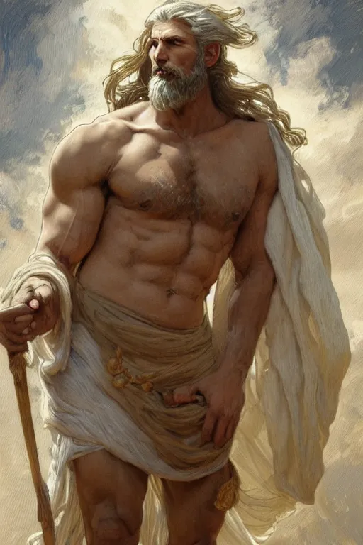 Image similar to painted portrait of rugged zeus, god of thunder, greek god, white hair, masculine, mature, handsome, upper body, flowy robe, muscular, hairy torso, fantasy, intricate, elegant, highly detailed, digital painting, artstation, concept art, smooth, sharp focus, illustration, art by gaston bussiere and alphonse mucha