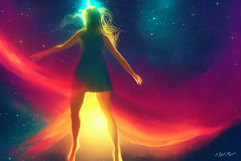 Prompt: silhouette of a girl floating up with limp arms and legs, long hair, she's exploding into incredible stars and nebula, dramatic digital painting, trending on artstation