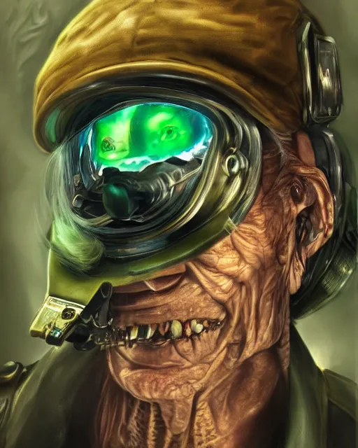 Prompt: an intimate portrait of a gnarly human cyberpunk captain, old skin, faded hat, crooked teeth, green eyes, a look of menace, detailed matte fantasy painting