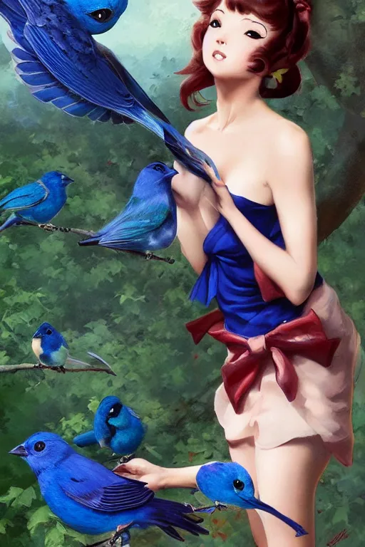 Image similar to anime pinup girl holding an indigo bunting, bird, the bird is wearing a bowtie, by greg rutkowski, rossdraws, gil elvgren, enoch bolles, anime, porcelain skin, very coherent