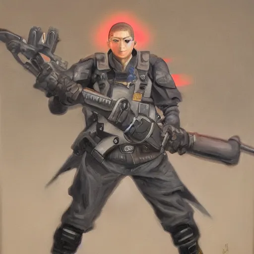 Prompt: A detailed portrait of a Shinra soldier armed for battle, oil painting,
