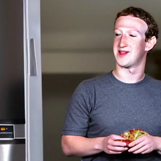Prompt: Mark Zuckerberg gets caught eating food out of the fridge at 3 am