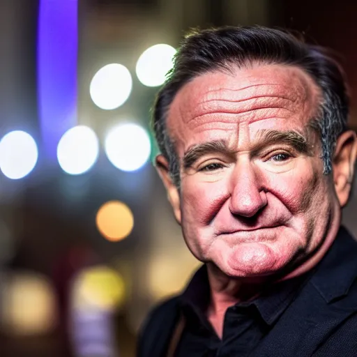 Image similar to a still of Robin Williams. Shallow depth of field. City at night in background, lights, colors ,studio lighting, mood, 4K. Profession photography