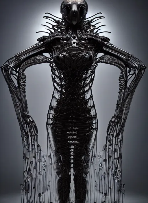 Image similar to iris van herpen gothic inflateble dark dress, perfect symmetrical body, helmet on face, full body shot, alien, plant predator, guyver, giger, wires, tubes, veins, jellyfish, white biomechanical details, wearing epic bionic cyborg implants, masterpiece, intricate, biopunk, vogue, highly detailed, artstation, concept art