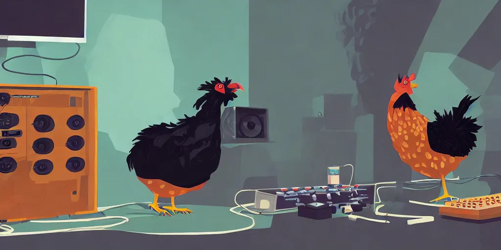 Image similar to 'black chicken'!!! smoking 'cannabis'!!!!!! in front of 'audio console'!!!! and 'multi monitors'!!!! 'in a hi-tech tv broadcasting studio'!!!!, artwork by James Gilleard