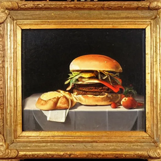 Prompt: hamburger in still life. dutch masters, 1 8 th century. oil on canvas