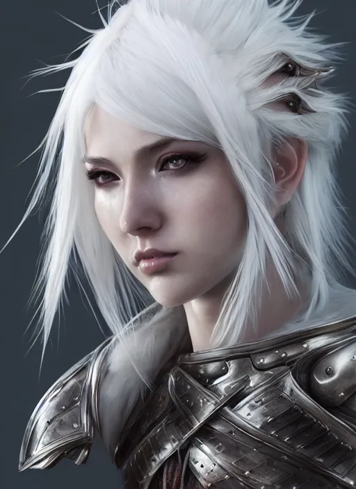 Image similar to warrior, fur leather armor!!! beautiful and elegant white hair female!! gorgeous ayes!! character concept art, sharp focus, octane render! unreal engine 5! highly rendered!! trending on artstation!! detailed linework!! illustration by artgerm, wlop, and chie yoshii