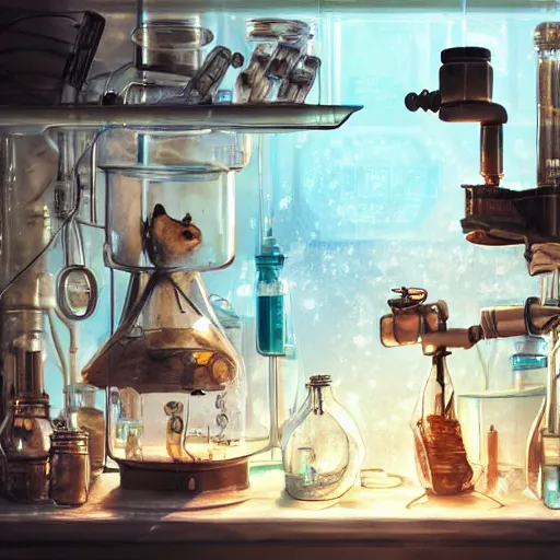 Prompt: mouse performing a chemistry experiment, in a cluttered lab, lots of beakers, illustration, cyberpunk, sci - fi fantasy, intricate, elegant, highly detailed, digital painting, artstation, concept art