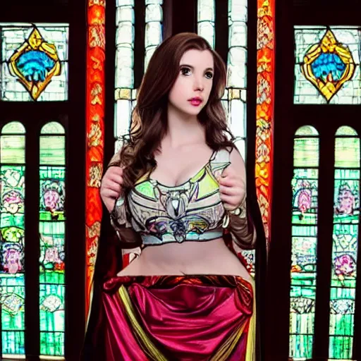 Prompt: kaitlyn michelle siragusa, better known as amouranth, posing in a mysterious temple. ancient stainedglass windows. beautiful.