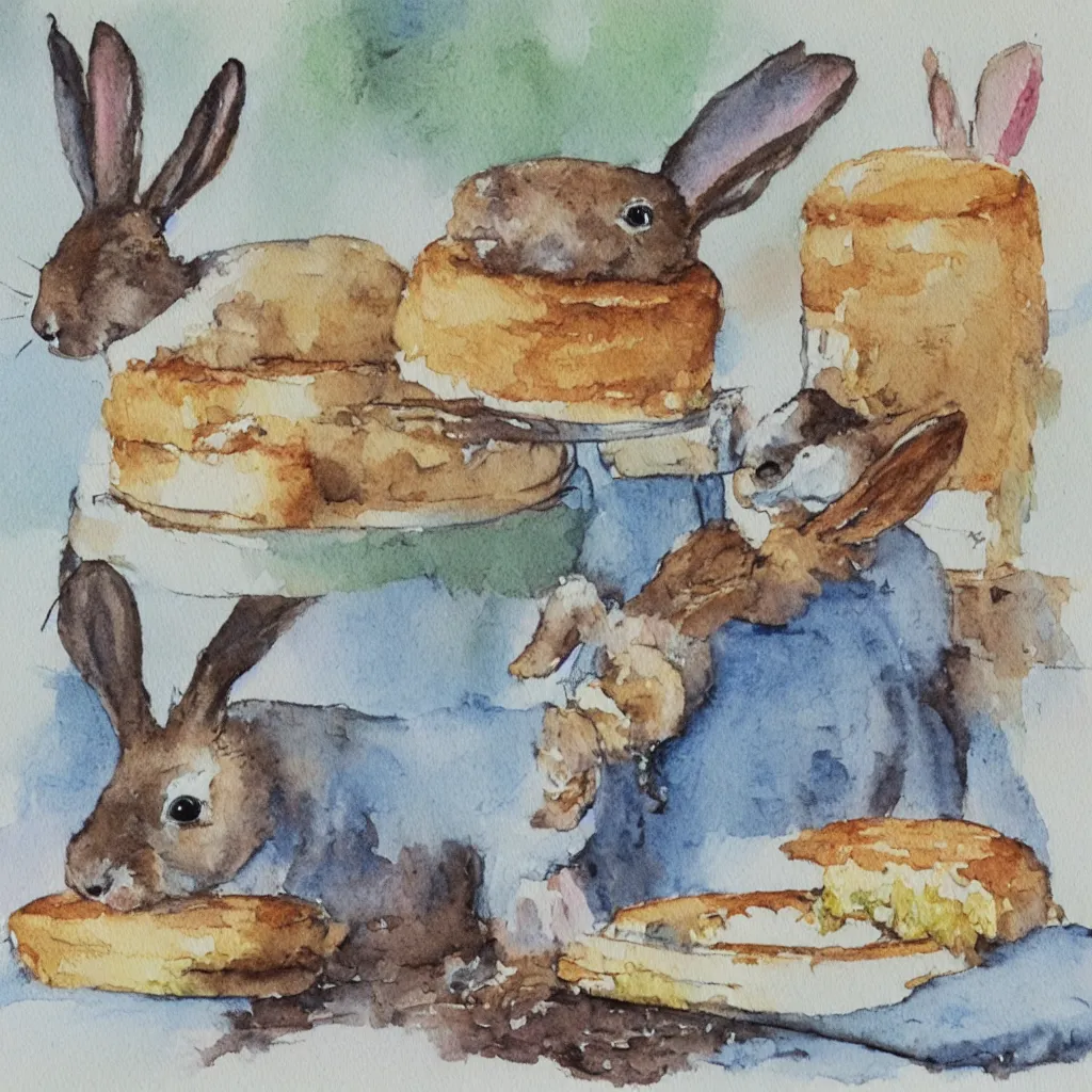 Prompt: a rabbit baking a cake, watercolour