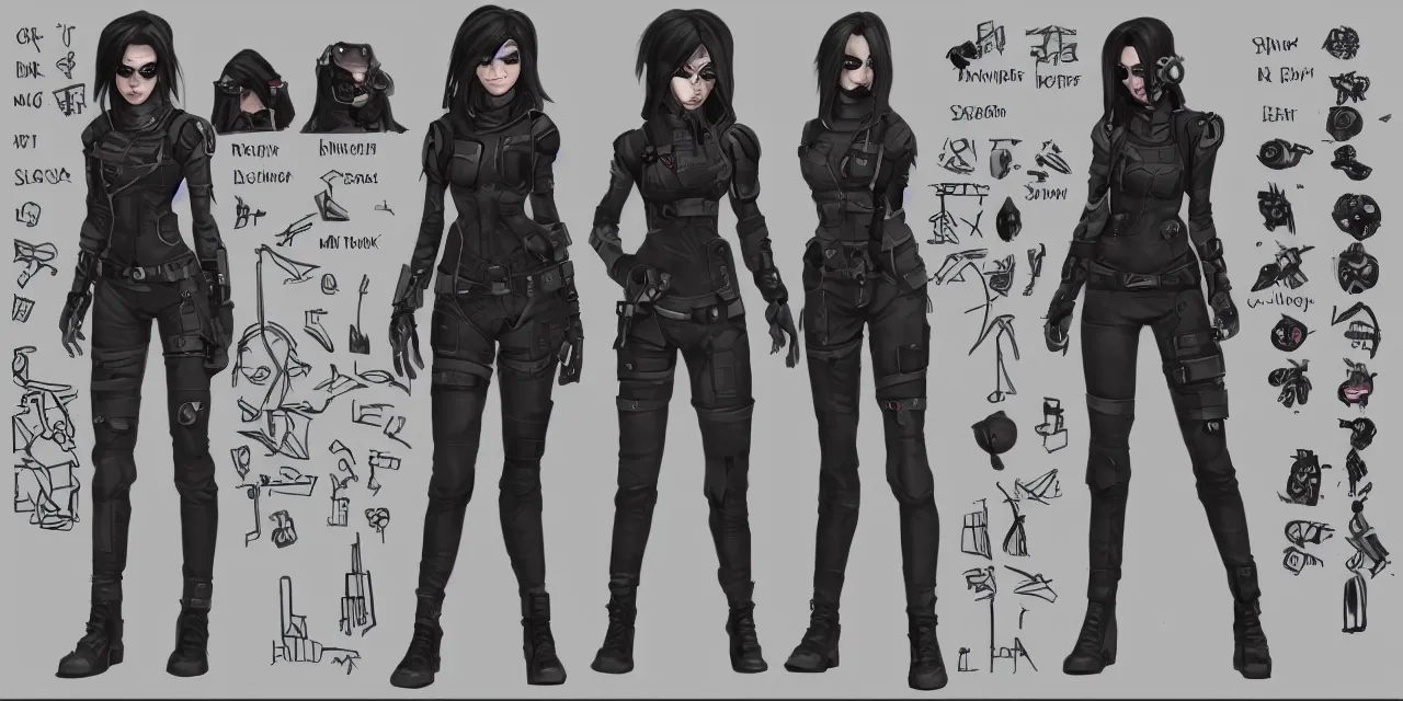 Prompt: character reference sheet for a cyberpunk goth lesbian engineer