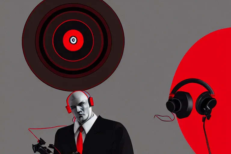 Image similar to a portrait of agent 4 7 from hitman wearing headphones and putting a vinyl record onto a turntable, dark background, red rim light, digital art, artstation, concept art by giger stalenhag