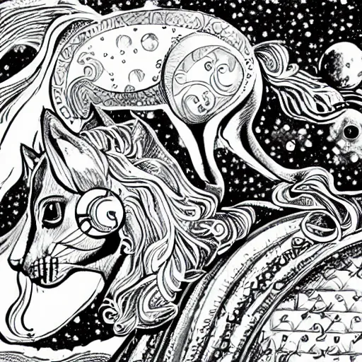 Prompt: Coloring page of cat riding a horse, in space