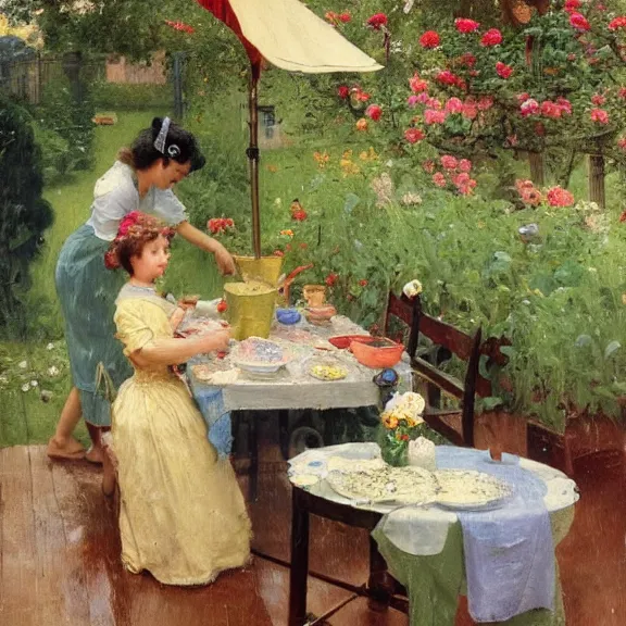 Prompt: a housewife and her daughter putting dishes on a table in the backyard, a tilted parasol sits above the table, a garden with colorful flowers in the background, rainy scene, 1 9 5 0's, medium symmetry, by ilya repin, extreme detail, 8 k, intricate abstract, photorealistic