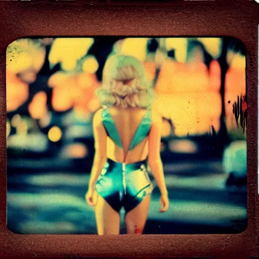 Image similar to a polaroid portrait of barbarella, vintage movie poster, bokeh, lit from behind, heavy film grain, color bleed